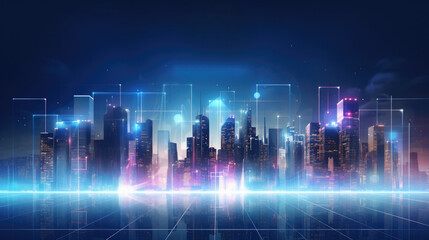 Fototapeta premium cityscape with space and neon light effect. Modern hi-tech, science, futuristic technology concept. Abstract digital high tech city design for banner background