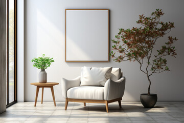 Empty Photo Frame Mockup in Modern Interior with Trendy Vase and Chair: Perfect for Artwork, Painting, Photo, or Poster Display - 3D Rendering