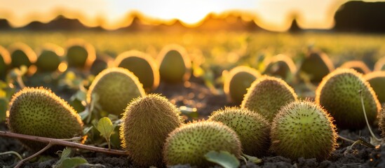 Sunset in the kiwi field reveals ripe fruit in vivid detail With copyspace for text - obrazy, fototapety, plakaty