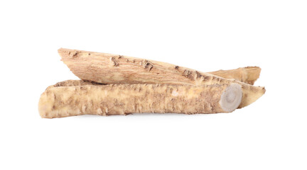 Fresh cut horseradish roots isolated on white