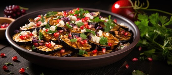 Top view of a tasty Greek eggplant salad with roasted eggplants pomegranate seeds and parsley With copyspace for text