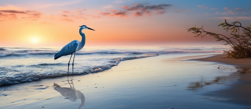 Blue Heron s silhouette at sunrise on the beach With copyspace for text