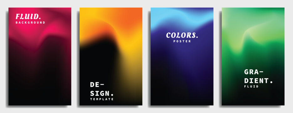 Colorful fluid gradient mesh background template copy space set. Liquid and dynamic color gradation. Wavy smooth color combination for poster, banner, business card, cover, or leaflet.