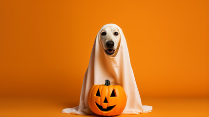 Fototapeta na wymiar Funny dog wearing cute ghost halloween costume
