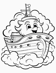 Cute kawaii ship coloring page for kids with saliboat on the waves, Cartoon vector illustration,