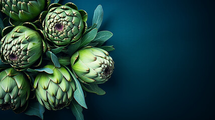 Fototapeta premium Artichokes on a navy blue background - overhead view