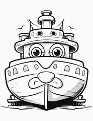Cute kawaii ship coloring page for kids with saliboat on the waves, Cartoon vector illustration,