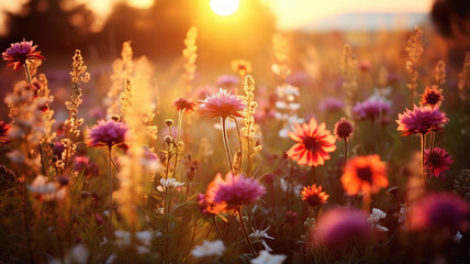 Field full of autumn flowers at sunrise