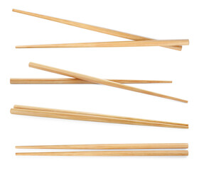 Collage with wooden chopsticks isolated on white