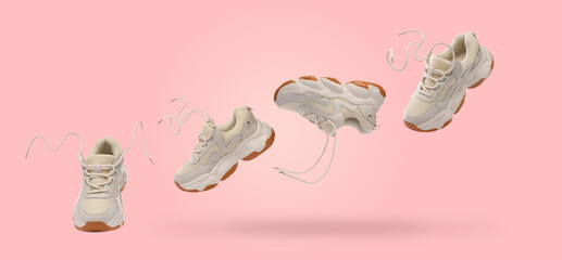 Stylish sneaker in air on pink background, collage design