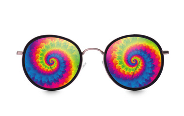 Hippie accessory. Stylish sunglasses with bright spiral pattern on lenses on white background