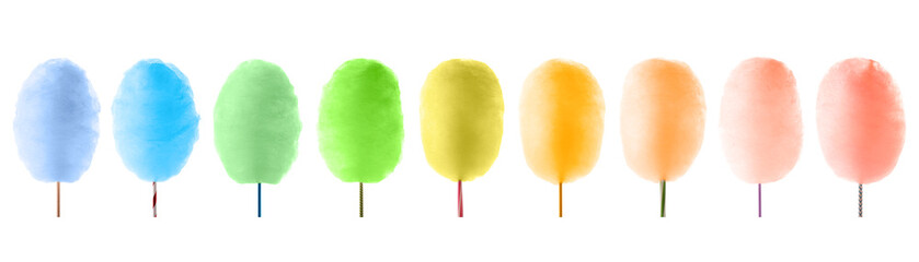 Set of different cotton candy on sticks isolated on white