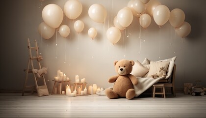 Backdrop for a young child studio photo, room with teddy bears and neutral background with balloons