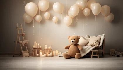 Poster Backdrop for a young child studio photo, room with teddy bears and neutral background with balloons © NAITZTOYA