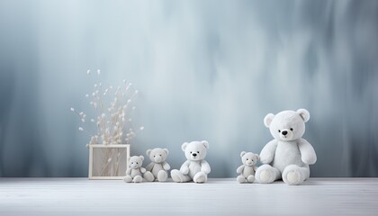 Backdrop for a young child studio photo, room with teddy bears and blue background and clouds