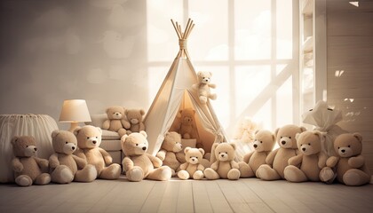 Backdrop for a young child studio photo, room with teddy bears  - obrazy, fototapety, plakaty