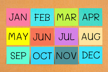 12 months acronyms on sticky notes calendar. - obrazy, fototapety, plakaty