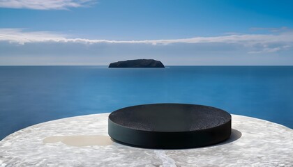 Fototapeta na wymiar round, black, podium, stone, platform, tranquil, ocean, sea, sky, beach, mountain, island, cloud