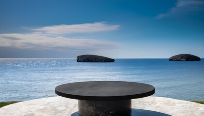 Fototapeta na wymiar round, black, podium, stone, platform, tranquil, ocean, sea, sky, beach, mountain, island, cloud