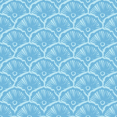 Mushroom linocut cups vector seamless pattern. Japanese traditional ornament. Seamless hand draw fish scales pattern.