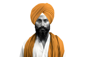 Young bearded Sikh man wearing traditional turban isolated on transparent background, AI