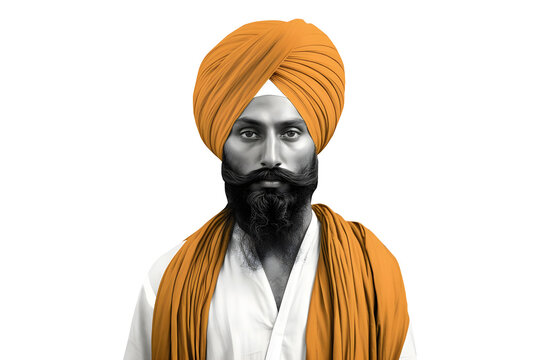 Young bearded Sikh man wearing traditional turban isolated on transparent background, AI