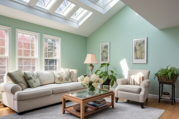 A Tranquil Living Room Oasis: Serenity in Mint with a Refreshing Color Scheme, Cozy Furniture, and Inviting Ambiance