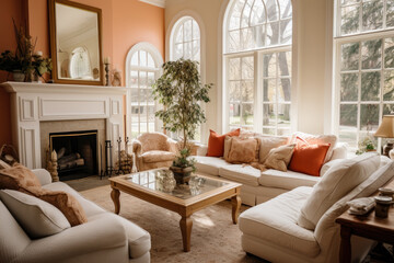 Step into a spacious and inviting peach-colored living room, a serene haven of tranquility and bliss, with elegant and chic decor, harmonious ambiance, and abundant natural light.