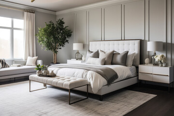 A Tranquil Haven: Sophisticated Gray Color Scheme Transforms this Bedroom into an Elegant and Serene Retreat, Balancing Modern Design and Cozy Minimalist Ambiance.