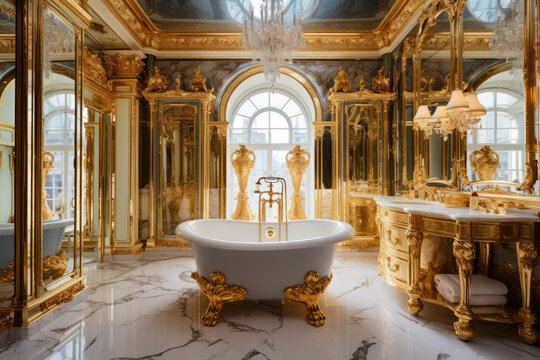 Luxury and sophistication meet in this glamorous Art Nouveau bathroom, featuring ornate mirrors, gold accents, and a rich, chic design that exudes elegance and modern decadence.