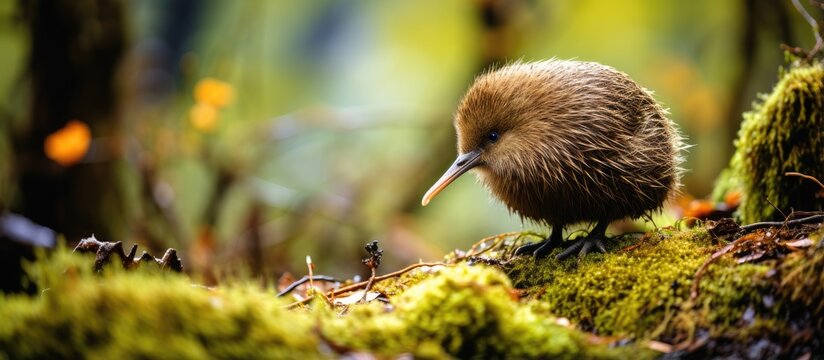 Southern Brown Kiwi a rare wild bird searches for food in the Ulva Island forest the exclusive daytime habitat for Kiwi birds in New Zealand With copyspace for text