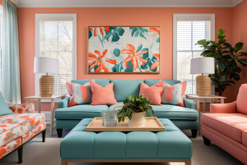A Cozy and Vibrant Living Room Interior in Coral and Teal Colors, Creating an Inviting and Relaxing Ambiance with Stylish Furniture, Trendy Accents, and Peaceful Textiles.