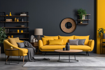 Cozy and modern living room interior with yellow and gray colors, featuring comfortable seating, contemporary furniture, harmonious accents, and stylish decor.