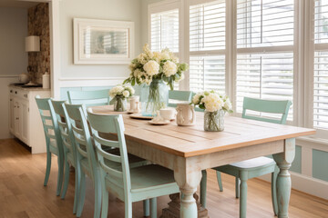 Coastal-inspired dining room with distressed wood furniture, beachy colors, and a cozy atmosphere, perfect for a rustic beach-inspired interior design.