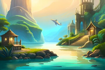 A Beautiful fantasy world Fantasy Stock Image Mystical Castle Dragon's Lair Fairy Tale Kingdom Magic Crystal Caves with beautiful landscape and sun light on the background Ai Generative   - obrazy, fototapety, plakaty