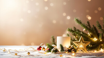 Christmas background with balls, stars, candles, pine trees and decorations