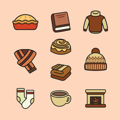 Set of Indoor Autumn Cute Flat Line Illustration
