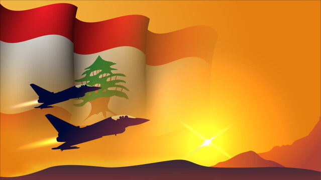 fighter jet plane with lebanon waving flag background design with sunset view suitable for national lebanon air forces day event