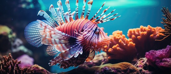 Venomous lionfish underwater photograph Colorful marine wildlife around coral reef With copyspace for text