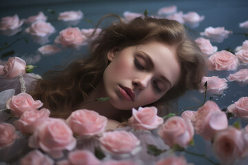 Obraz na płótnie Canvas girl in water bed with pink roses sleeping underwater