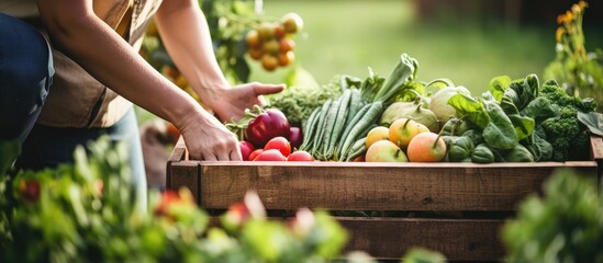 Female farmer collecting fresh produce in her garden on a self sustainable farm With copyspace for text