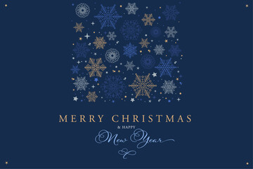 Fototapeta na wymiar Merry Christmas and Happy New Year banner with stars and snow crystals in four colors, gold, light gray, blue and light blue. Vector graphic resource.