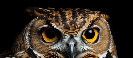 Great Spotted Owl depicted up close on black backdrop highlighting distinctive bubo bubo