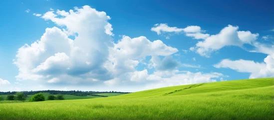 Poster Green grass slope with blue sky and clouds © 2rogan