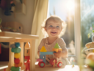 A baby playing with toys on a sunny day