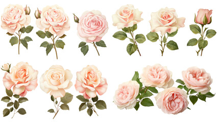 Set of Pastel Cream and Pink English Roses Isolated on Transparent Background, PNG