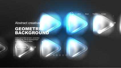 Abstract background landing page, geometric shape illuminated with glowing neon light on dark background. Futuristic city lights concept