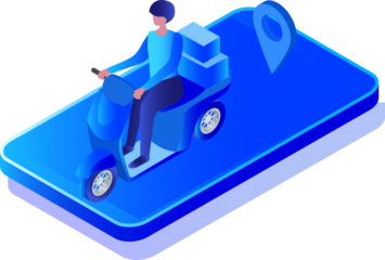 Delivery service concept, delivery man riding motorbike to delivery stuffs for customer with gps navigation on mobile location on png background 