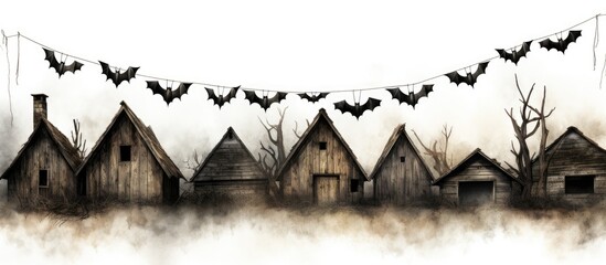 Farmhouse roof adorned with hanging bats With copyspace for text - obrazy, fototapety, plakaty