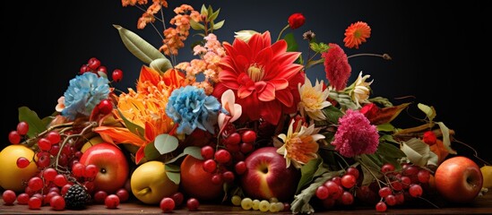 Obraz na płótnie Canvas Flower and fruit arrangement With copyspace for text